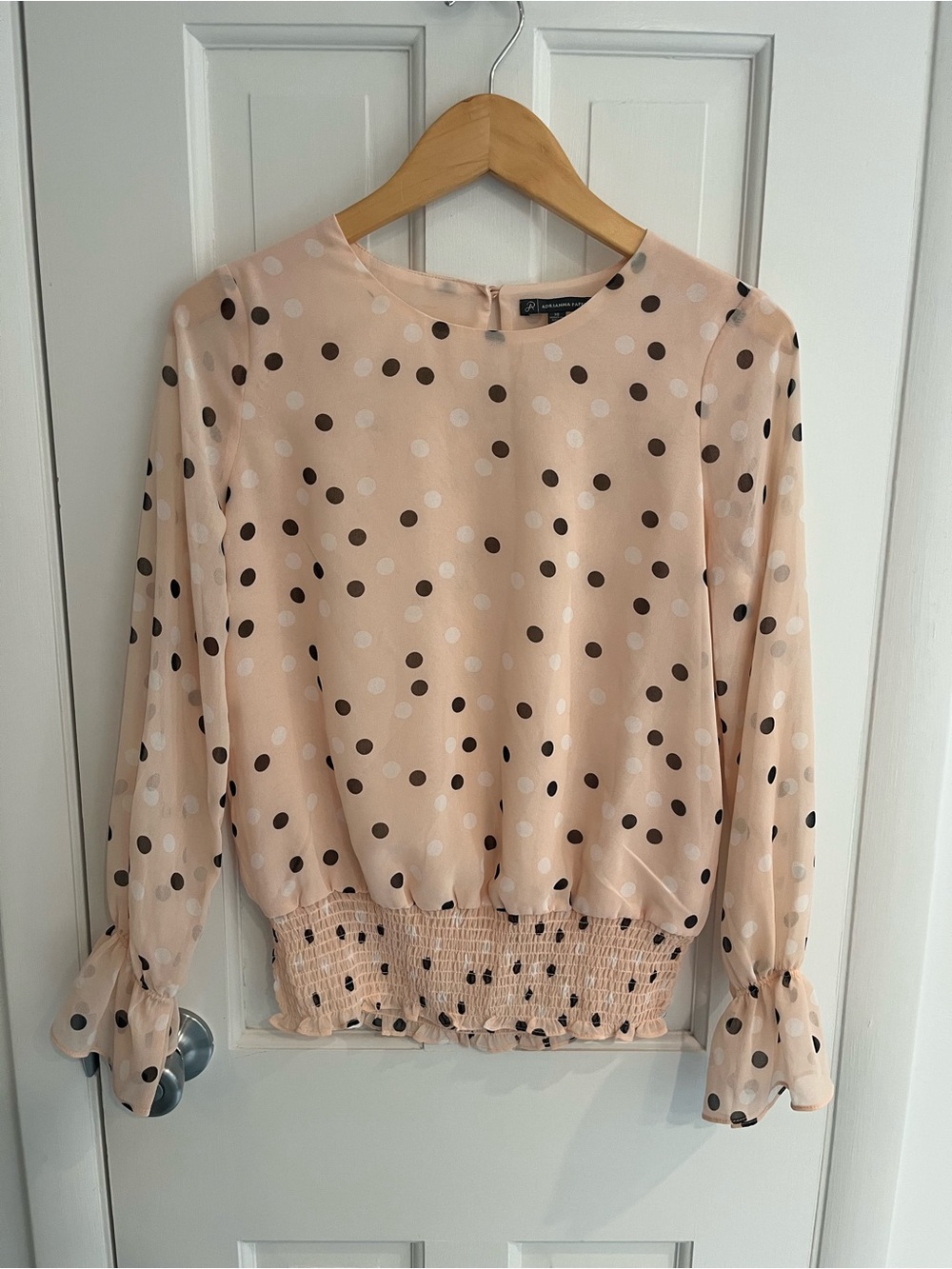 Adrianna Papell Blush Polka Dot Smocked-Hem Long Sleeve Blouse, Size XS